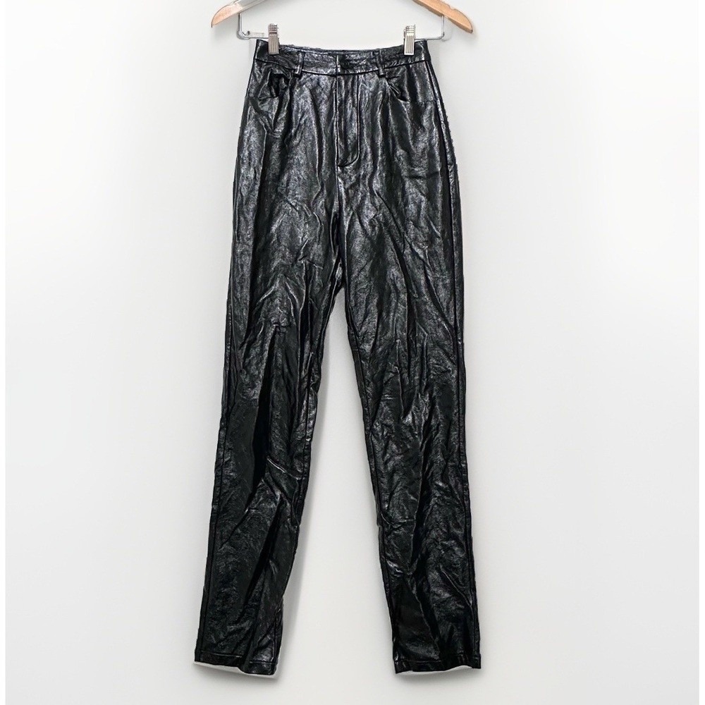 White Fox Womens Pants XS Black Patent Faux Leather High Shine Y2K Moto Rocker